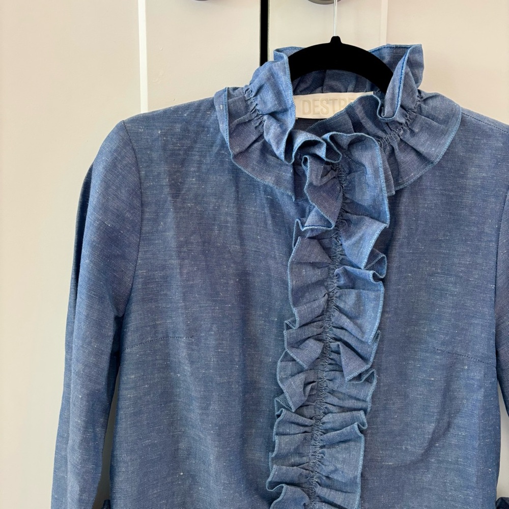 Destree Blue Ruffle Cotton Linen Top - Picture 2 of 6